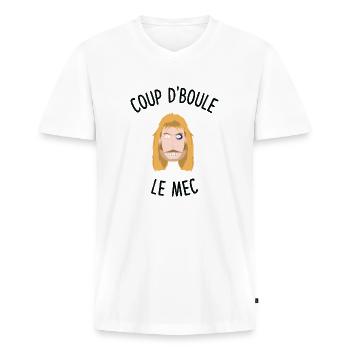 François l'embrouille Coup d'boul le mec - T-shirt encolure en V Premium bio Homme - blanc - Devant - Nico (187cm)