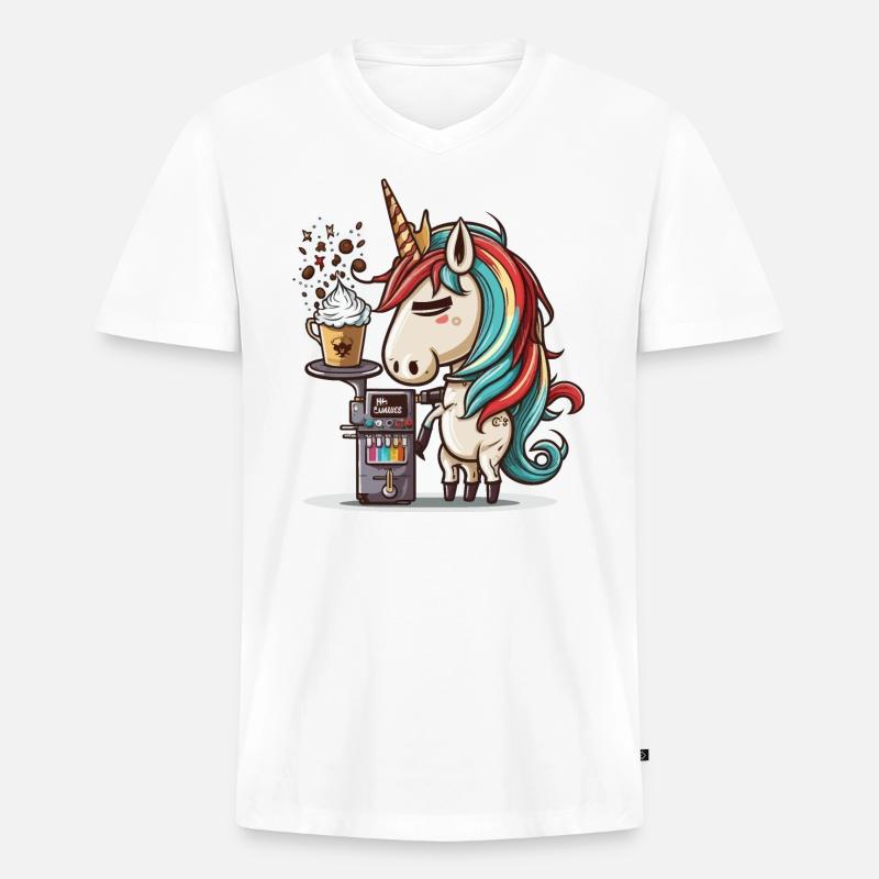 Einhorn bei der Kaffeezubereitung - Männer Premium Bio T-Shirt mit V-Ausschnitt - Weiß