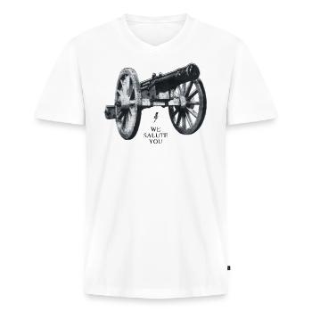 AC/DC Kanone We Salute You - Männer Premium Bio T-Shirt mit V-Ausschnitt - Weiß - Vorne - Nico (187cm)