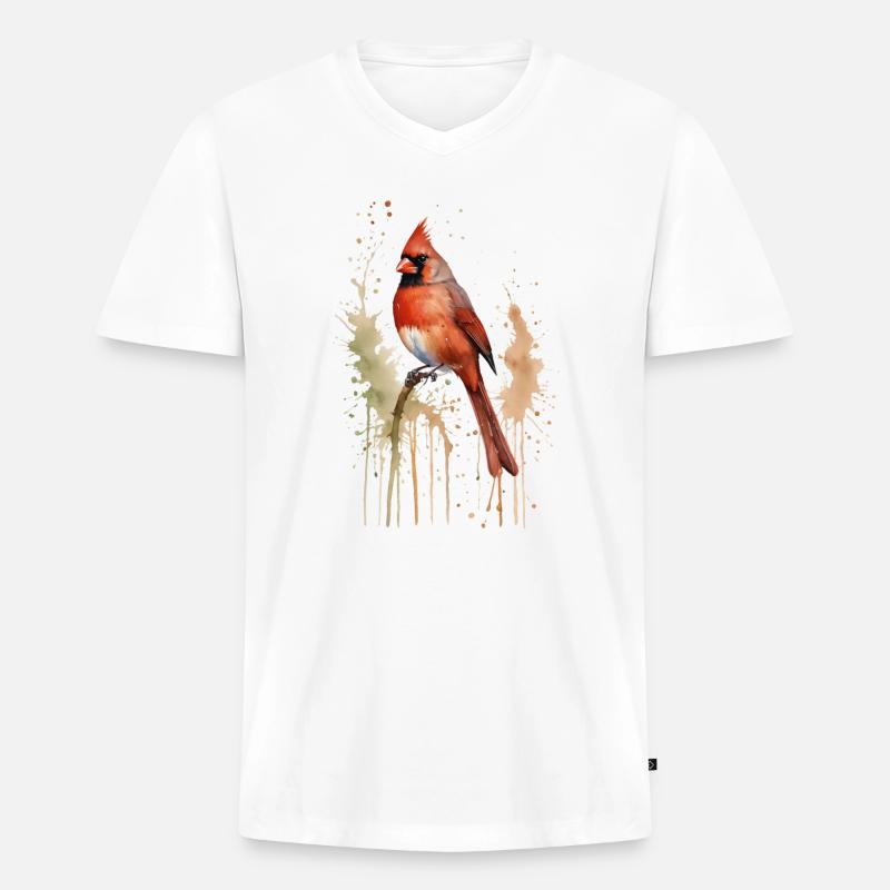 Nördlicher Kardinal Aquarell - Lebendiger Vogel - Männer Premium Bio T-Shirt mit V-Ausschnitt - Weiß