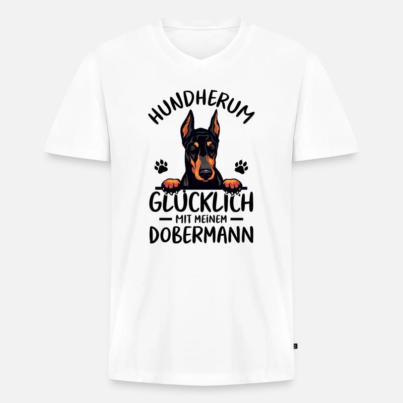 Hund Glücklich mit Dobermann - Männer Premium Bio T-Shirt mit V-Ausschnitt - Weiß