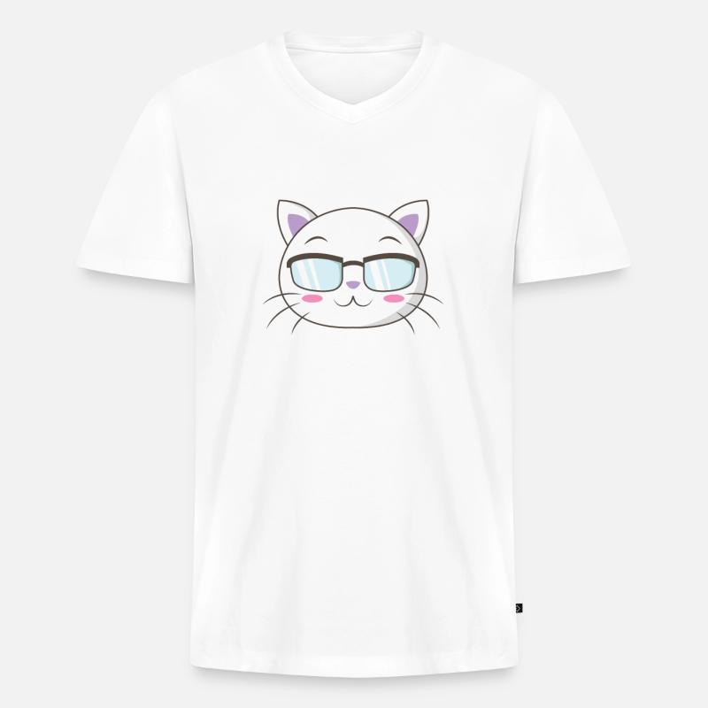 Nerd Katze mit Streberbrille - Männer Premium Bio T-Shirt mit V-Ausschnitt - Weiß
