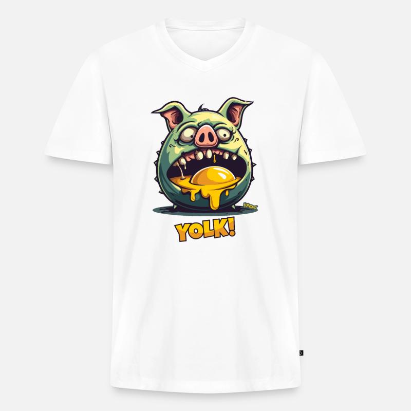 Zombie-Schwein verschlingt Eigelb - Männer Premium Bio T-Shirt mit V-Ausschnitt - Weiß