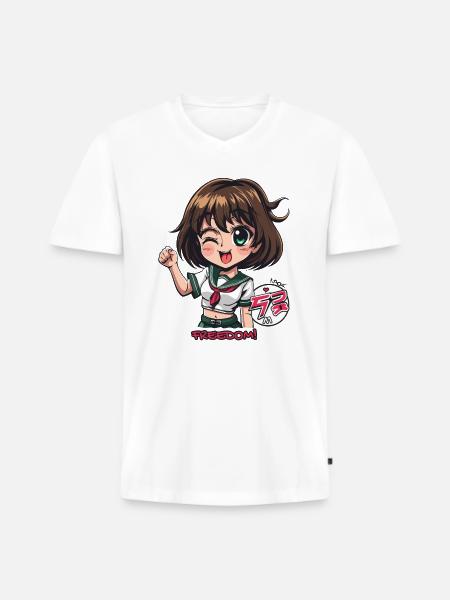 Frække anime pige løfter knytnæven for frihed - Premium økologisk T-shirt med V-hals til mænd - hvid