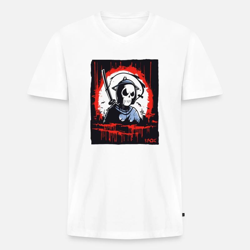 Sensenmann Totenkopf Samurai - Männer Premium Bio T-Shirt mit V-Ausschnitt - Weiß