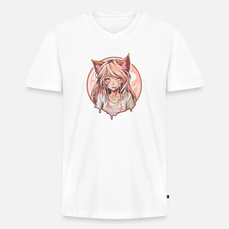 Cooles Anime-Fuchs-Mädchen - Männer Premium Bio T-Shirt mit V-Ausschnitt - Weiß