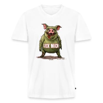 Grünes Lustiges Zombie-Schwein: Leck Mich - Männer Premium Bio T-Shirt mit V-Ausschnitt - Weiß - Vorne - Nico (187cm)