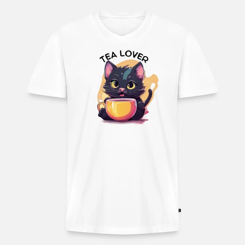 Katze mit Tee - Männer Premium Bio T-Shirt mit V-Ausschnitt - Weiß