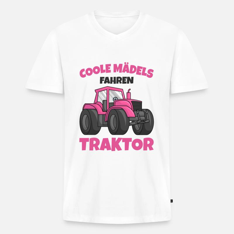Traktor Mädchen - Männer Premium Bio T-Shirt mit V-Ausschnitt - Weiß