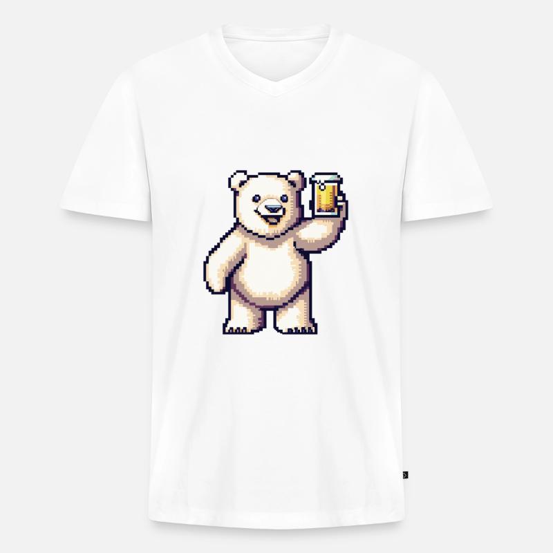 Eisbär Pixel Bier - Männer Premium Bio T-Shirt mit V-Ausschnitt - Weiß
