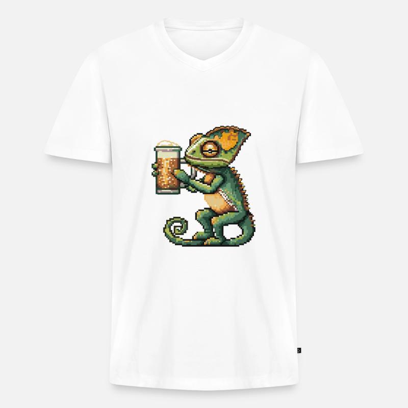 Chameleon Pixel Bier - Männer Premium Bio T-Shirt mit V-Ausschnitt - Weiß