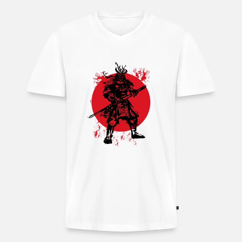 Samurai Japanischer Krieger Blutmond Design - Männer Premium Bio T-Shirt mit V-Ausschnitt - Weiß