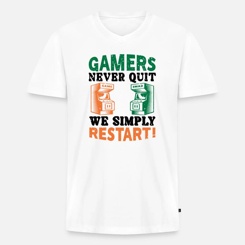 Gamers never quit - Männer Premium Bio T-Shirt mit V-Ausschnitt - Weiß