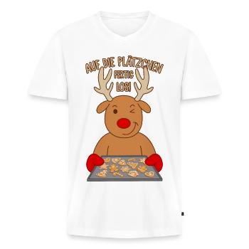 Rentier Backen Spruch Auf die Plätzchen fertig los - Männer Premium Bio T-Shirt mit V-Ausschnitt - Weiß - Vorne - Nico (187cm)