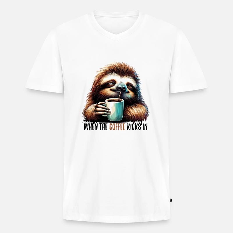 Faultier Kaffee kickt Geschenk - Männer Premium Bio T-Shirt mit V-Ausschnitt - Weiß