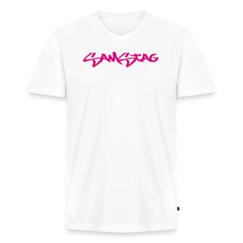 Le samedi, disponible tous les jours de la semaine, nettsfetz.de - T-shirt encolure en V Premium bio Homme - blanc - Devant - Nico (187cm)