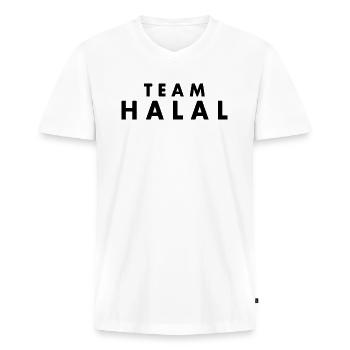 Team halal - Men's Premium Organic T-shirt with V-neck - white - Front - Nico (187cm)