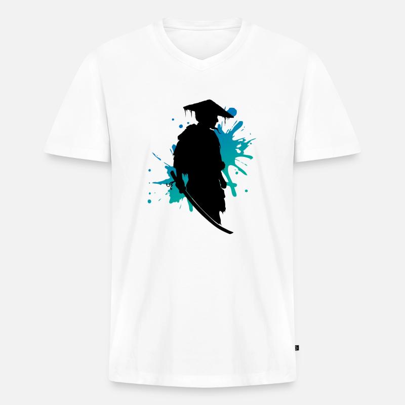 Samurai Kampfgeist Tinte Splash Kunst - Männer Premium Bio T-Shirt mit V-Ausschnitt - Weiß