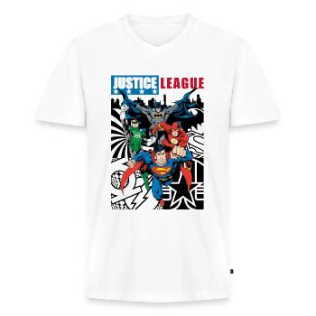 Justice League Comic Cover - Männer Premium Bio T-Shirt mit V-Ausschnitt - Weiß - Vorne - Nico (187cm)