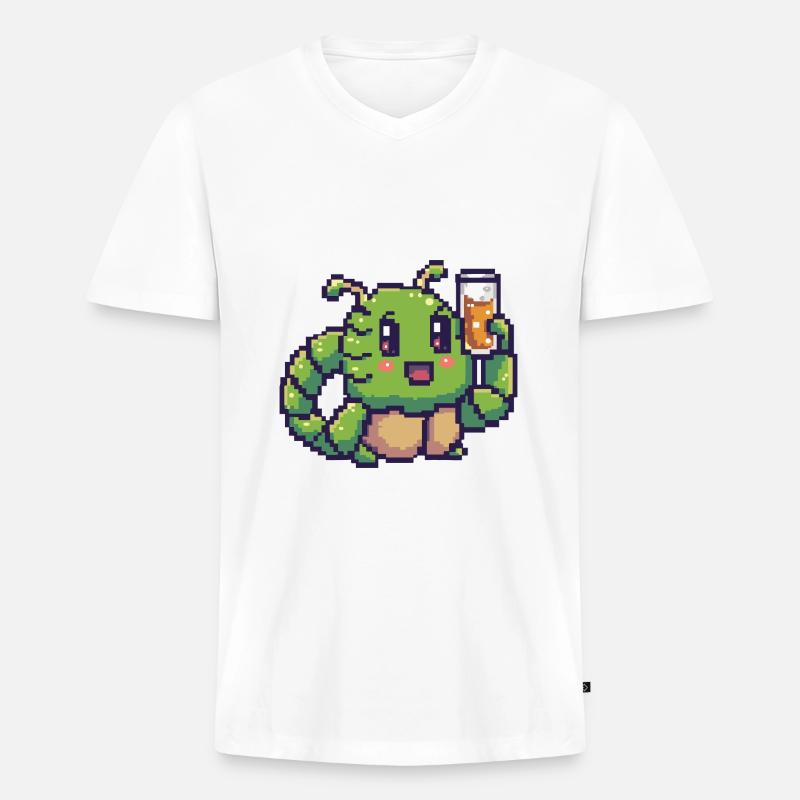 Wurm Pixel Bier - Männer Premium Bio T-Shirt mit V-Ausschnitt - Weiß