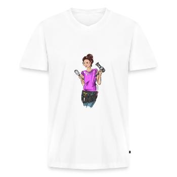 Friseurin - Männer Premium Bio T-Shirt mit V-Ausschnitt - Weiß - Vorne - Nico (187cm)