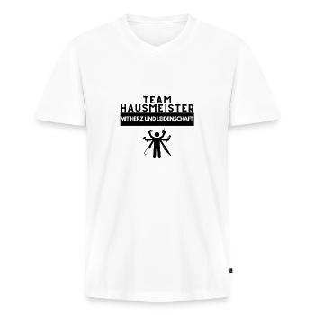 Team Hausmeister mit Herz und Leidenschaft - Männer Premium Bio T-Shirt mit V-Ausschnitt - Weiß - Vorne - Nico (187cm)