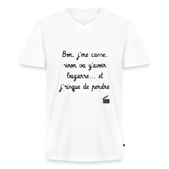 Va y avoir bagarre ! Citation Série H - Humour - T-shirt encolure en V Premium bio Homme - blanc - Devant - Nico (187cm)