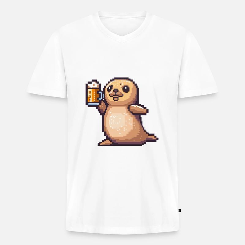 Robbe Tier Pixel Bier - Männer Premium Bio T-Shirt mit V-Ausschnitt - Weiß