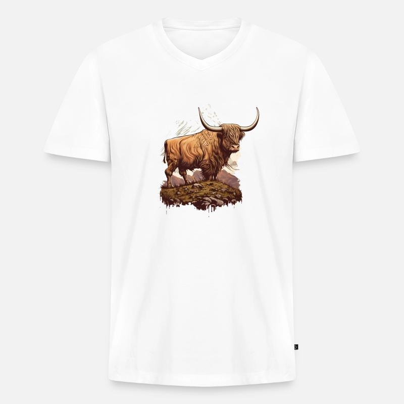 Hochlandkuh - Männer Premium Bio T-Shirt mit V-Ausschnitt - Weiß