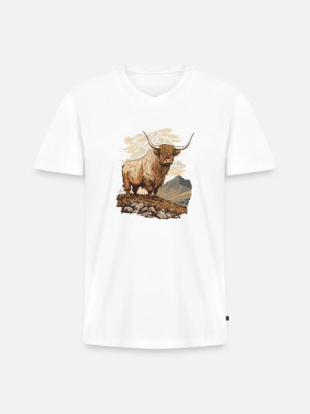 Hochlandkuh - Männer Premium Bio T-Shirt mit V-Ausschnitt - Weiß