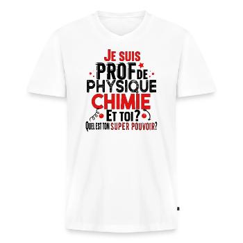 Prof Physique Chimie Professeur Collège Lycée - T-shirt encolure en V Premium bio Homme - blanc - Devant - Nico (187cm)