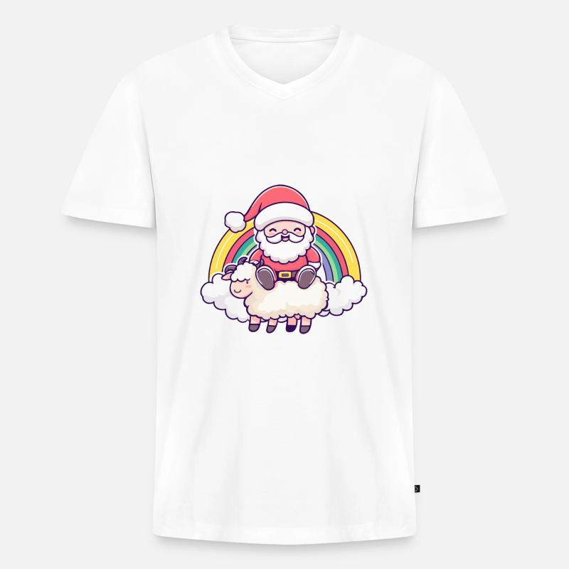 Schaf Weihnachtsmann Regenbogen - Männer Premium Bio T-Shirt mit V-Ausschnitt - Weiß