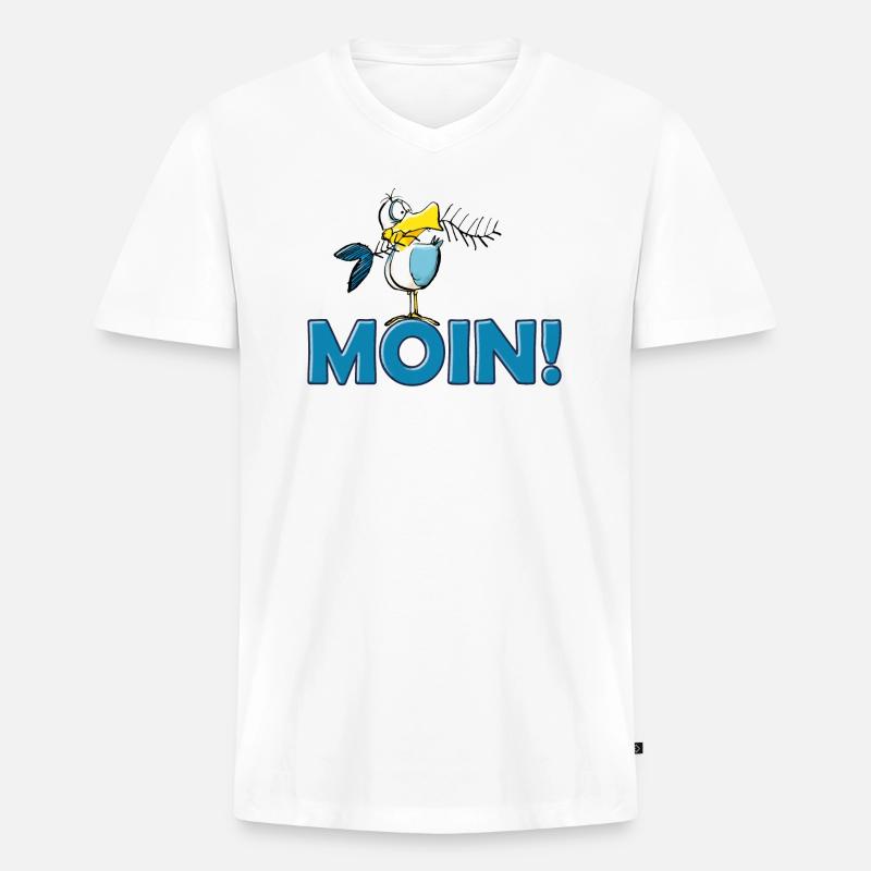 lustige Moin Möwe mit Gräte - Männer Premium Bio T-Shirt mit V-Ausschnitt - Weiß