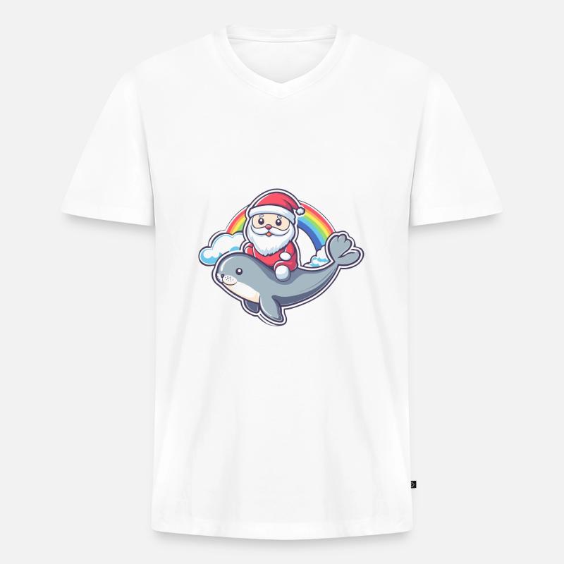 Robbe Tier Weihnachtsmann Regenbogen - Männer Premium Bio T-Shirt mit V-Ausschnitt - Weiß