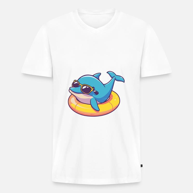 Delfin Comic Cool - Männer Premium Bio T-Shirt mit V-Ausschnitt - Weiß