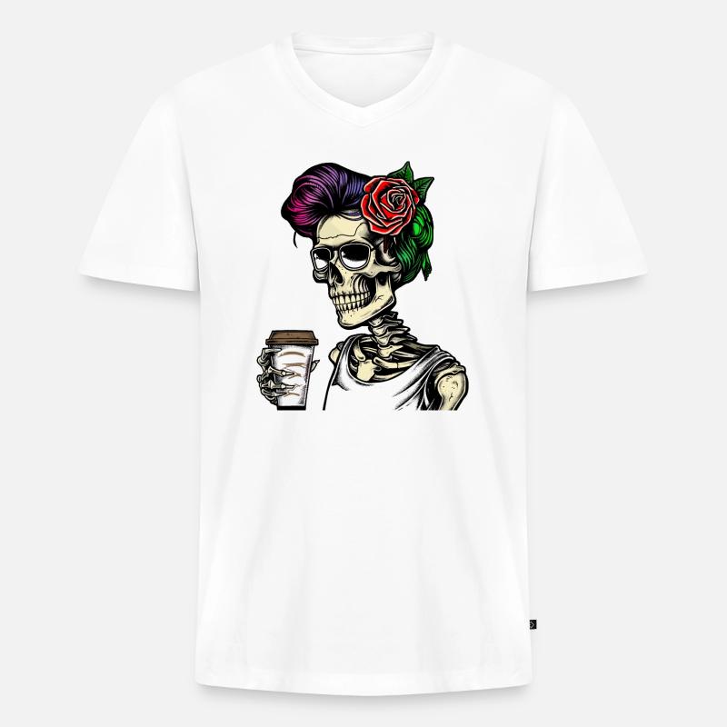 Frau Skelett mit Kaffe - Männer Premium Bio T-Shirt mit V-Ausschnitt - Weiß