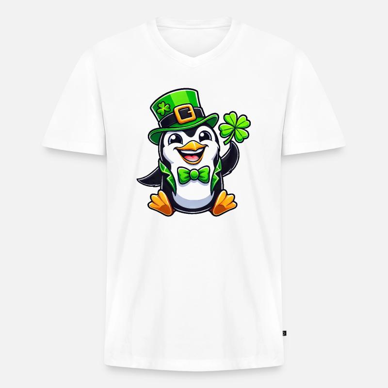 St. Patrick's Pinguin mit Glücksklee - Männer Premium Bio T-Shirt mit V-Ausschnitt - Weiß