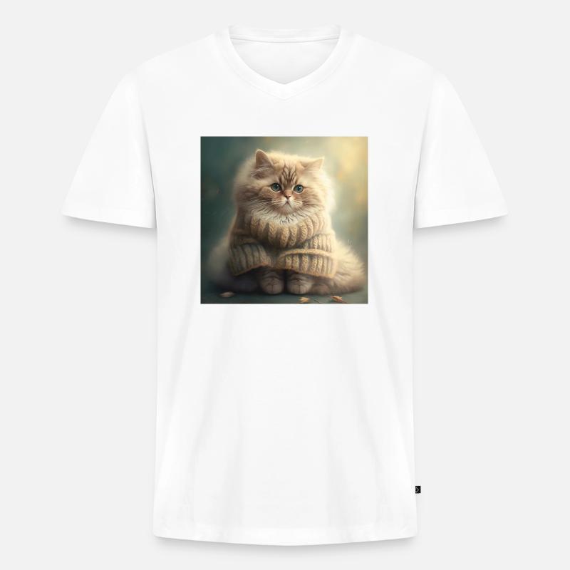 Katze Strick Pullover Süß Lusitg - Männer Premium Bio T-Shirt mit V-Ausschnitt - Weiß