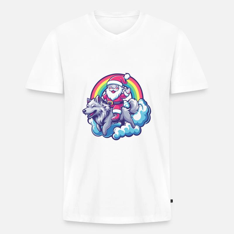 Wolf Weihnachtsmann Regenbogen - Männer Premium Bio T-Shirt mit V-Ausschnitt - Weiß