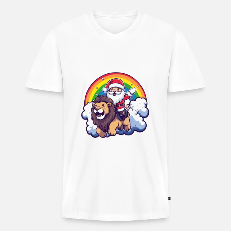 Löwe Weihnachtsmann Regenbogen - Männer Premium Bio T-Shirt mit V-Ausschnitt - Weiß