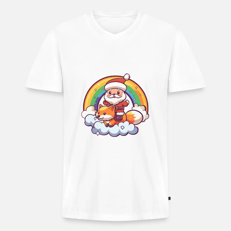 Fuchs Weihnachtsmann Regenbogen - Männer Premium Bio T-Shirt mit V-Ausschnitt - Weiß
