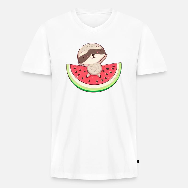Faultier mit Wassermelone - Entspanntes Design - Männer Premium Bio T-Shirt mit V-Ausschnitt - Weiß