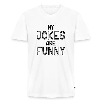 Mes blagues sont drôles - T-shirt encolure en V Premium bio Homme - blanc - Devant - Nico (187cm)