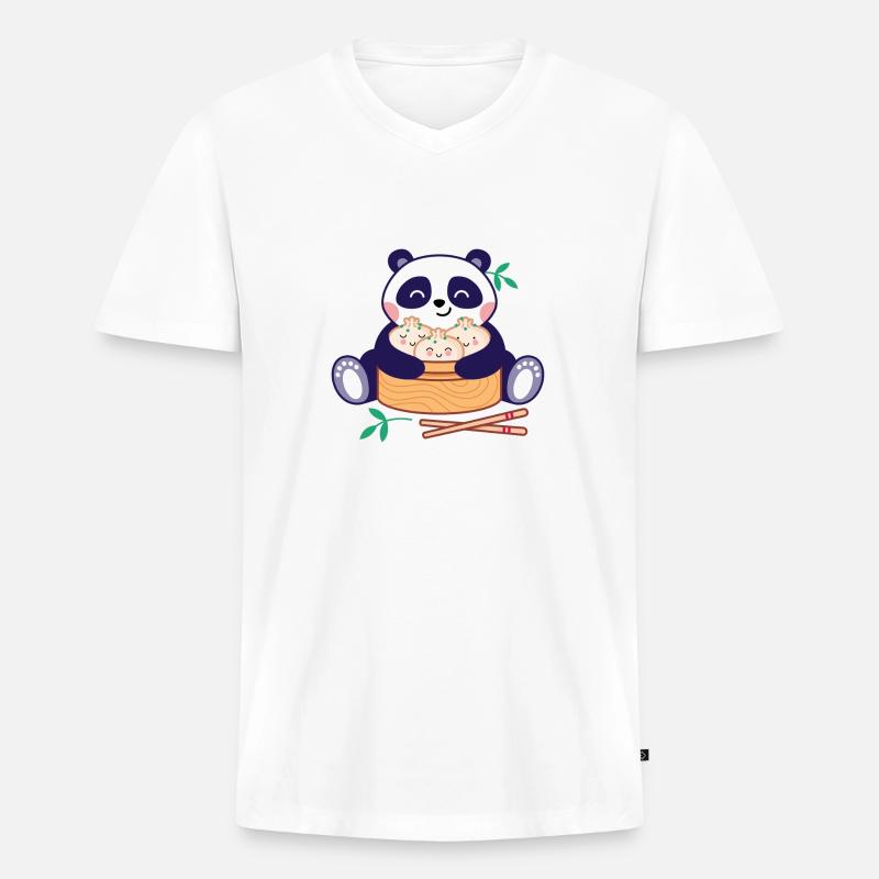 Panda mit Dim Sum - Männer Premium Bio T-Shirt mit V-Ausschnitt - Weiß