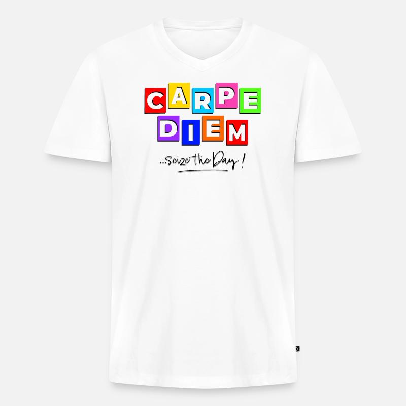 Carpediem im Comic-Stil - Männer Premium Bio T-Shirt mit V-Ausschnitt - Weiß
