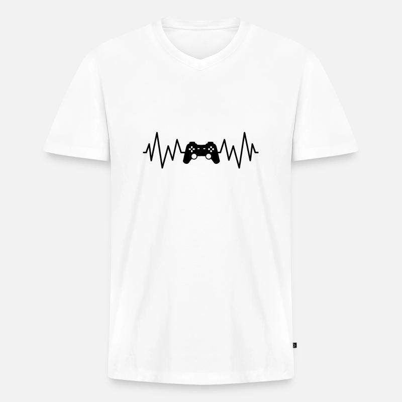 Videospiel-Controller-Spieler, Geek-Herzfrequenz - Männer Premium Bio T-Shirt mit V-Ausschnitt - Weiß