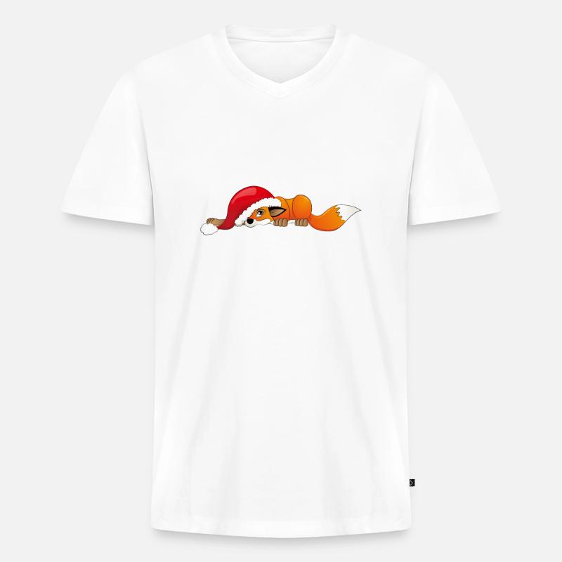 Fuchs mit Weihnachtsmütze - Männer Premium Bio T-Shirt mit V-Ausschnitt - Weiß