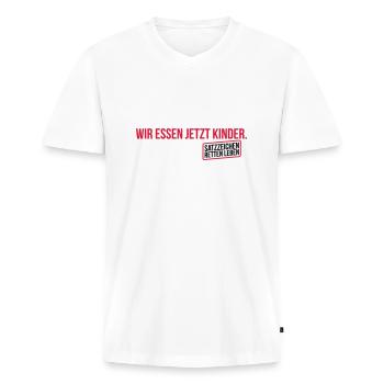 Wir essen jetzt Kinder - Männer Premium Bio T-Shirt mit V-Ausschnitt - Weiß - Vorne - Nico (187cm)