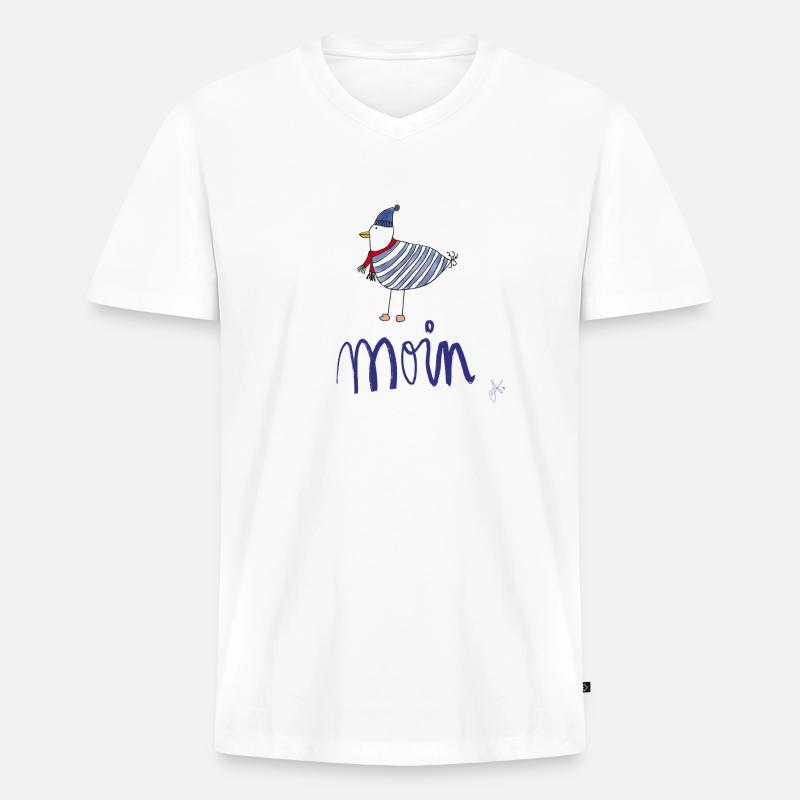 Moin Möwe Ringelshirt - Männer Premium Bio T-Shirt mit V-Ausschnitt - Weiß