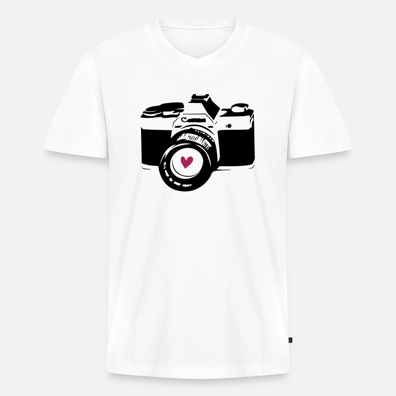 Kamera schwarz mit Herz - Männer Premium Bio T-Shirt mit V-Ausschnitt - Weiß